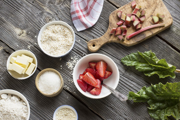 Rhubarb and Strawberry all ingredients nearby, top view