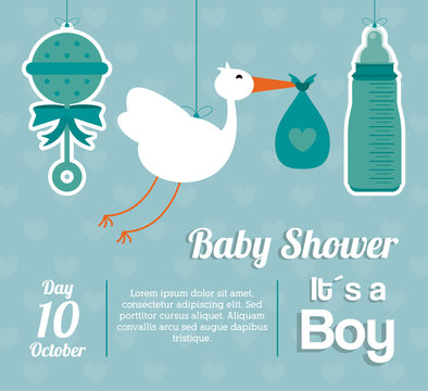 Baby Shower Design. Maraca, Stork And Bottle  Icon.  Blue Illust