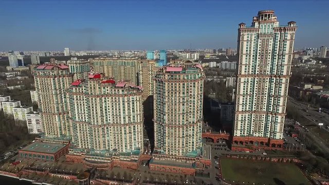 Aerial view of Moscow. Residential complex Alye Parusa over Moskva River. Moscow, Russia.