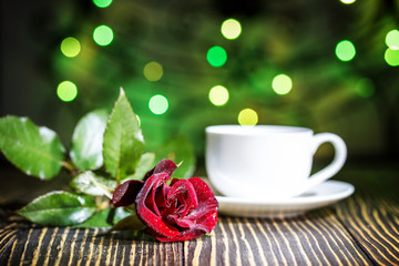 Obraz na płótnie Canvas cup of coffee and a red rose in holiday colorful bokeh backgr