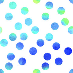 Blue and green polka dot in random order. Seamless aquarelle pattern, made in vector.