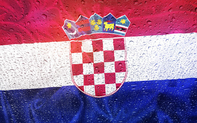 Croatian flag with watter drops, rainy weather, croatia