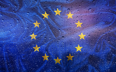 Eupean flag with watter drops, rainy weather, Europe union - 113777163