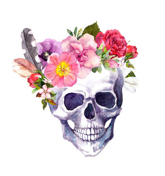 Human skull with flowers and feathers, boho style. Watercolor
