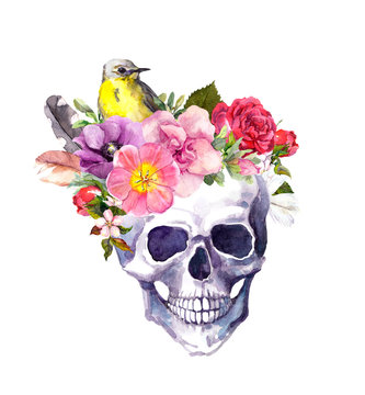 Human skull - flowers, bird in boho style. Watercolor