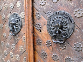 Iron lion knockers on a wooden door