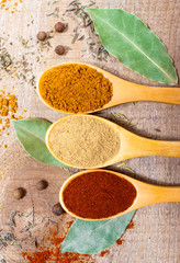 Spice powder on a wooden background. Closeup on paprika, curry and ginger. - 113778179