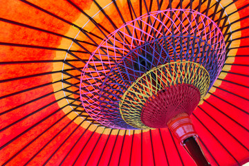 View under a bright red japanese umbrella