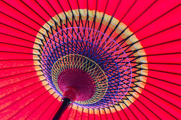 View under a bright red japanese umbrella