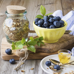 Still life of healthy breakfast. Cereal flakes for , blueberry ripe berries