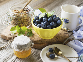 Still life of healthy breakfast. Cereal flakes for , blueberry ripe berries
