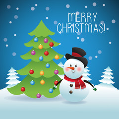Merry Christmas concept with snowman and pine tree icon. vector 