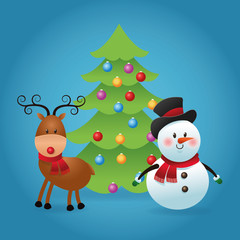 Merry Christmas concept with snowman and deer icon, vector graph