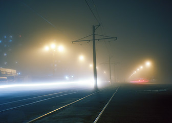 Evening fog on the streets of Dneprodzerzhinsk