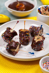 Frozen Chocolate Banana Pops Dessert. Selective focus.