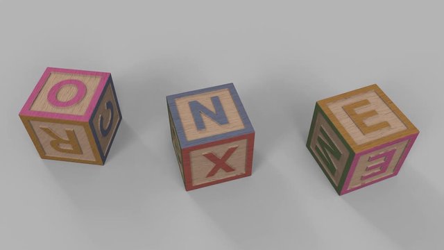 Falling toy bricks make up words: end, and, wow, one, two, bad, all, buy, say