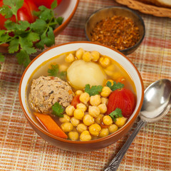 Chickpea Soup with Meatballs. Selective focus.