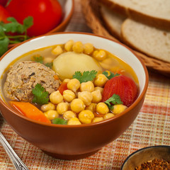 Chickpea Soup with Meatballs. Selective focus.