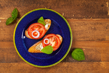 Tomato, Basil and Cream Cheese Sandwich. Selective focus.