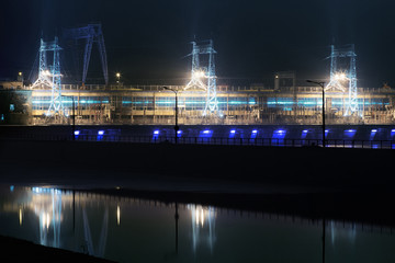 hydro power plant on the river Dnepr at night. Ukraine