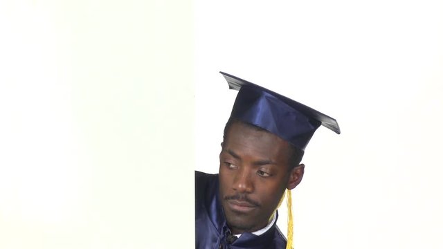 Upset graduate pointing to the white card. White. Close up. Slow motion