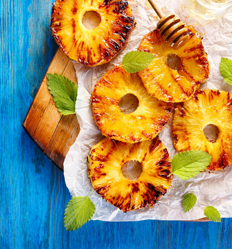 Grilled Pineapple Slices With Addition Of Honey, Top View