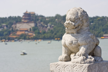 Fototapeta na wymiar Lion Head stone ornament at the Summer Palace in Beijing