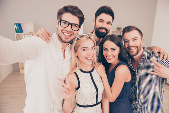happy young joyful  group of businesspeople  make selfie photo a