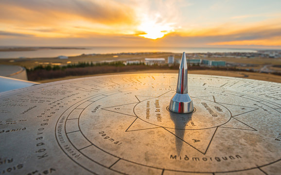 The sun compass of Iceland located on Perlan building on the hill of Reykjavik the capital cities of Iceland.