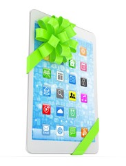 White tablet with green bow and icons. 3D rendering.