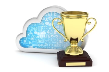 Isoalted golden cup with cloud on white background. Silver contour cloud. Concept of cloud storage competition. Leader cloud drive. Best storage contest. 3D rendering.