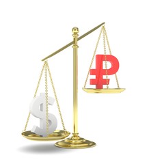 Isolated old fashioned pan scale with dollar and ruble on white background. American and russian currency. Dollar is heavier. Silver usd, red rouble. 3D rendering.