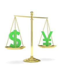 Isolated old fashioned pan scale with dollar and yuan,yen on white background. American and chinese and japanese currency. Currency equality. Green money. 3D rendering.