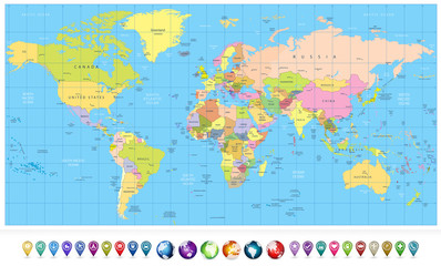 Fototapeta na wymiar Colored political World Map and 3D globes with navigation icons