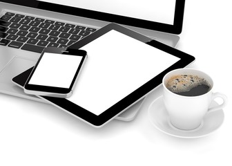 Laptop, phone, tablet pc and coffee. 3d rendering.