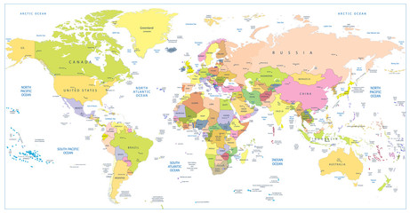 Fototapeta premium Colored political World Map isolated on white