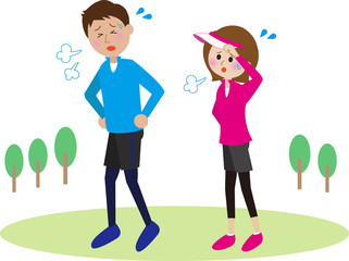 立ち止まる若いカップル　息切れ