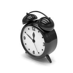 Black alarm clock on white. 3d rendering.