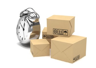 Package and alarm clock, delivery concept. 3d rendering.