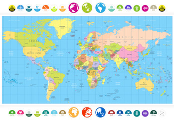 Fototapeta na wymiar Colored political World Map with round flat icons and globes