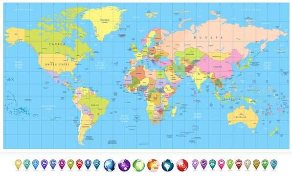 Colored political World Map and 3D globes with navigation icons