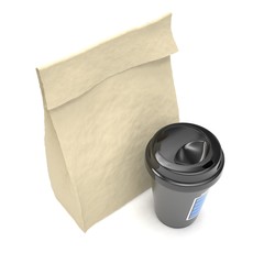Coffee to go and lunch bag, on white. 3d rendering.