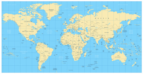 Fototapeta na wymiar Highly detailed world map: countries, cities, water objects