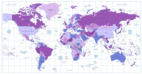 Detailed vector World map of violet colors