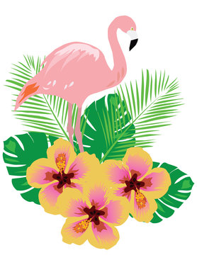 flamingo with tropical flowers