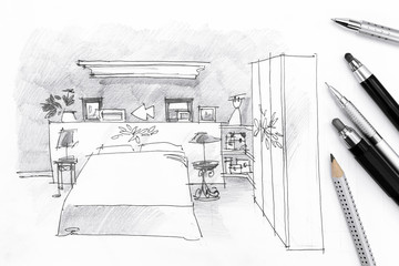 interior sketch of a bedroom with pencils on paper