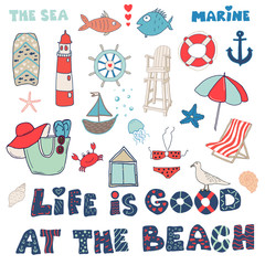 Set of hand drawn vector doodles of the different beach related objects.