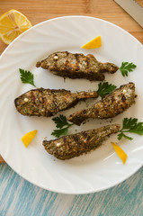 salmon slices white plate cutting board