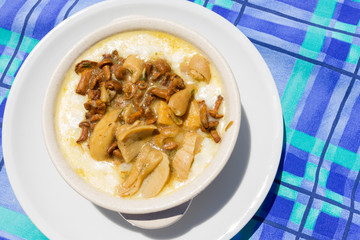 Polenta with melted cheese and mushrooms