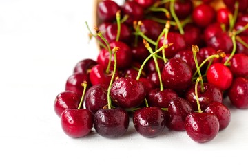 tasty juicy ripe cherries on a wooden background,selective focus